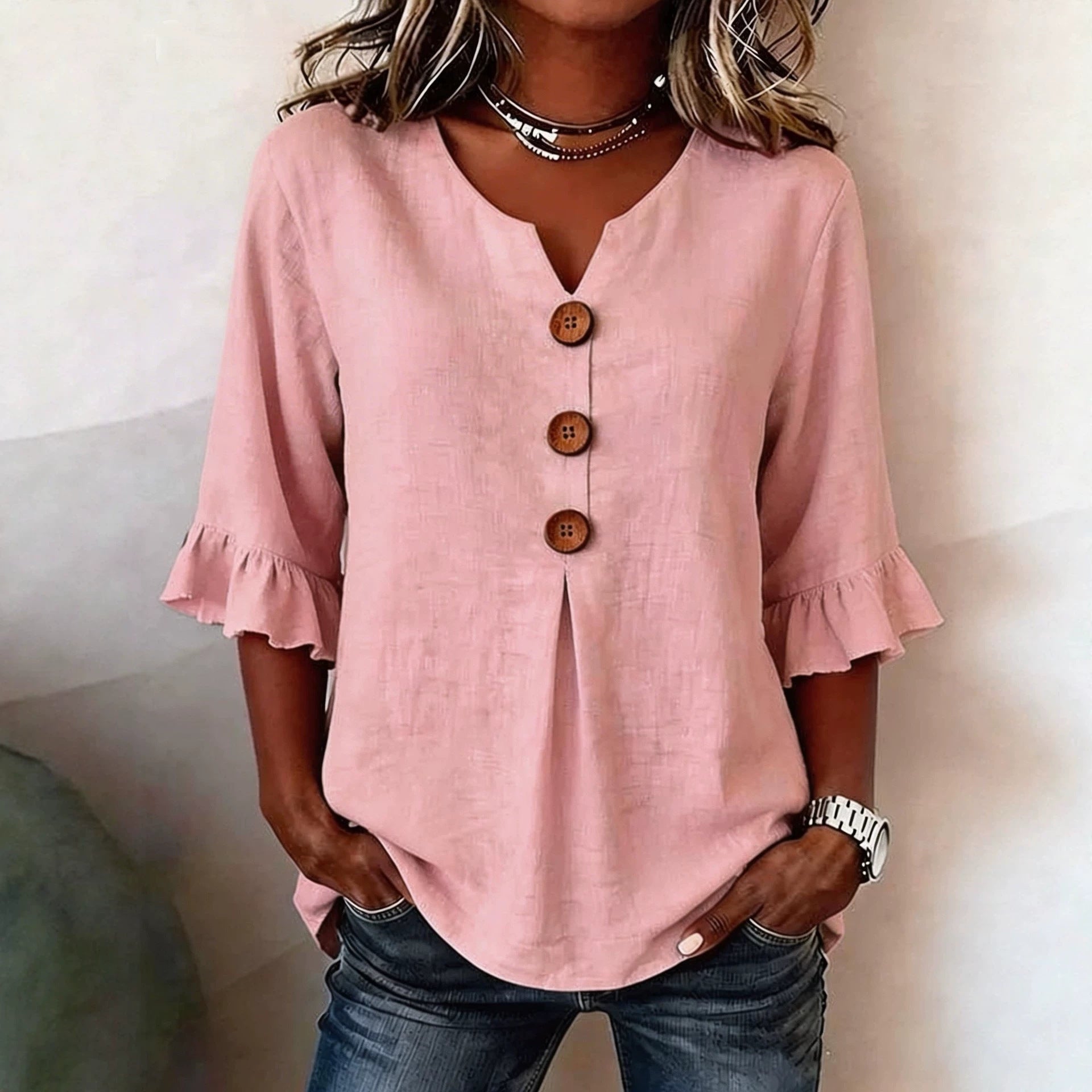 Fashionable Cotton Linen V-Neck Button-Up Blouse for Women Summer Casual Top 
