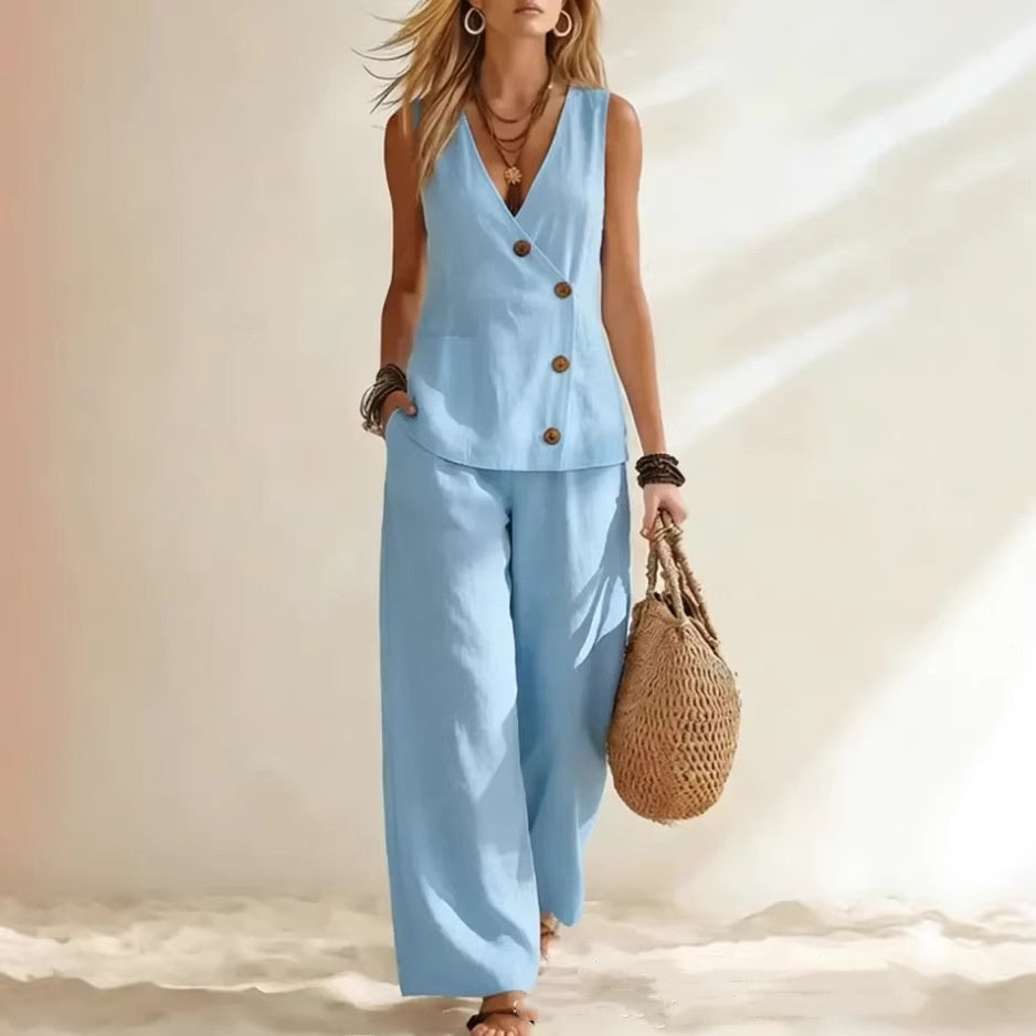 Women's Button Up Cardigan Vest Pants Set 