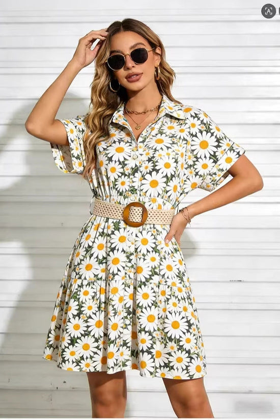 Womens Slimming Belt Short-Sleeve Dress 