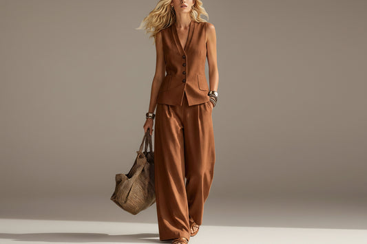 Womens Solid-Colored Sleeveless Casual Linen Tank Top And Pants Set 