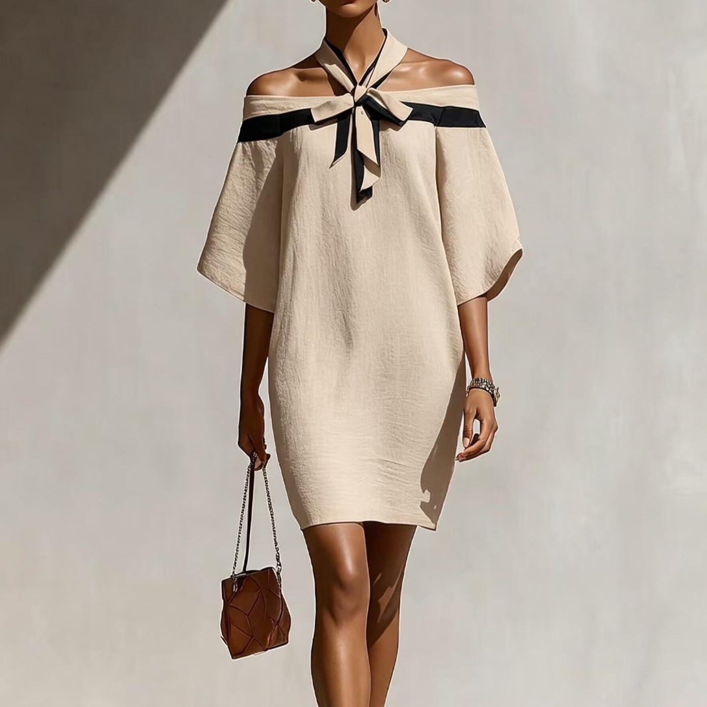 One shoulder bow collar dress 