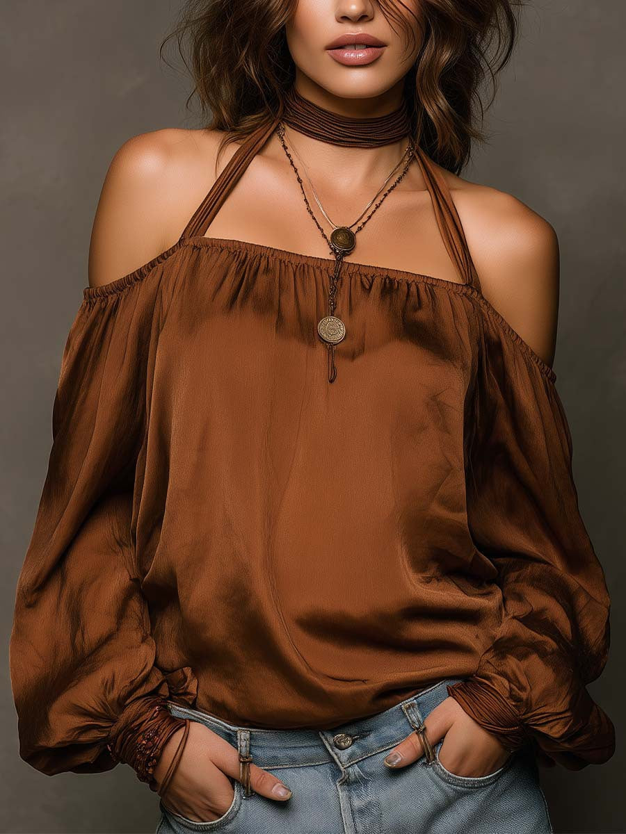 Chic Shoulder-Baring Matte Satin Blouse for Women Fashion Top 