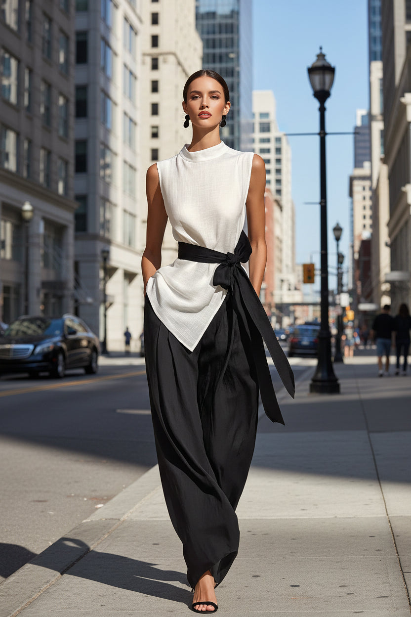 Womens Lace-Up Sleeveless Top And Wide-Leg Pants Two-Piece Set 