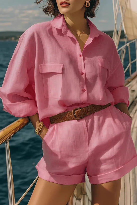 Cotton-linen Loose-fit Button-down Shirt And Shorts Fashion Casual Set 