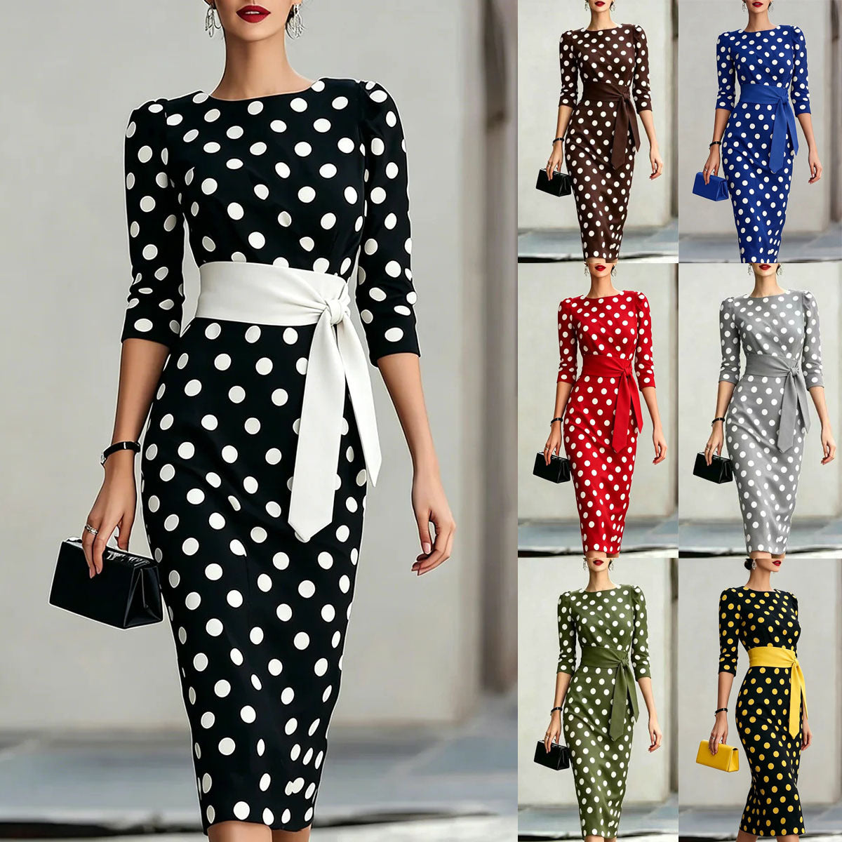 Retro Polka-dot Navy Blue Belted Waist-hugging Elegant Dress 