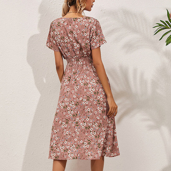 Women's V-Neck Floral Print Dress - A-Line Waisted Summer Maxi Dress CJ US