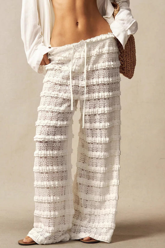 Streetwear Casual Solid Color Lace Jacquard Hollow-out Patchwork Tie-up Straight Leg Pants 