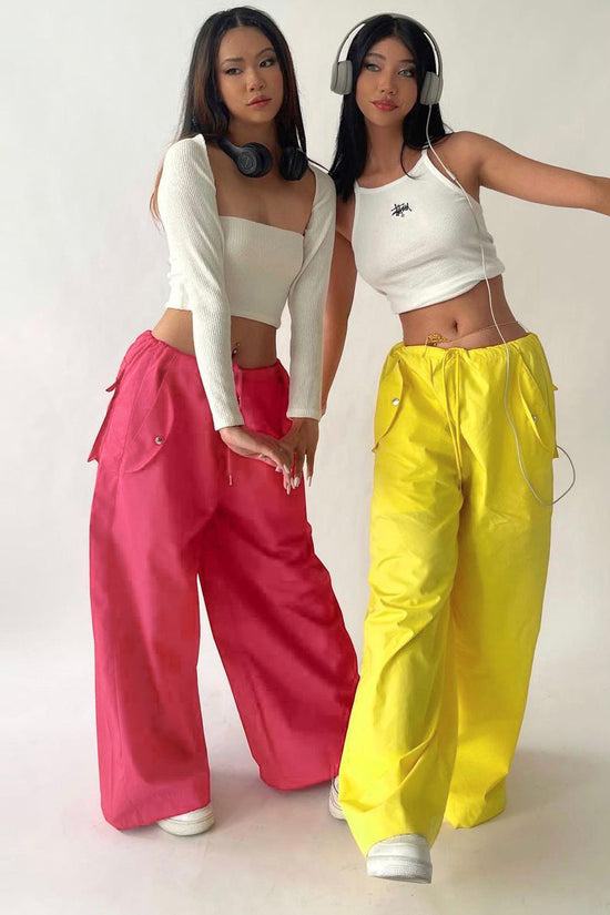 Solid-color Lace-up Loose-fitting Straight-leg Work Pants 