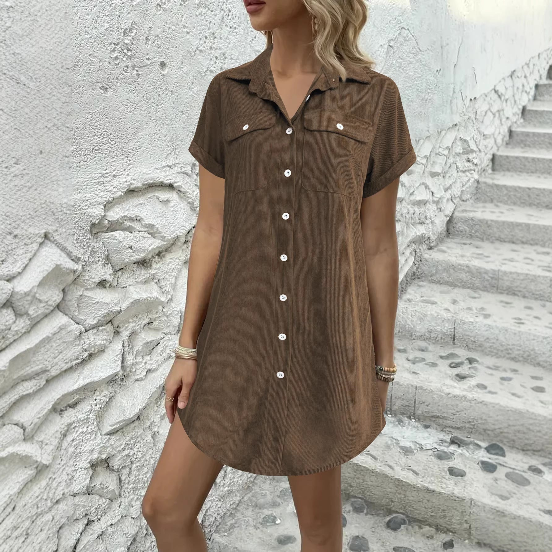 Retro Casual Corduroy Shirt Dress Loose Short-Sleeve Dress 