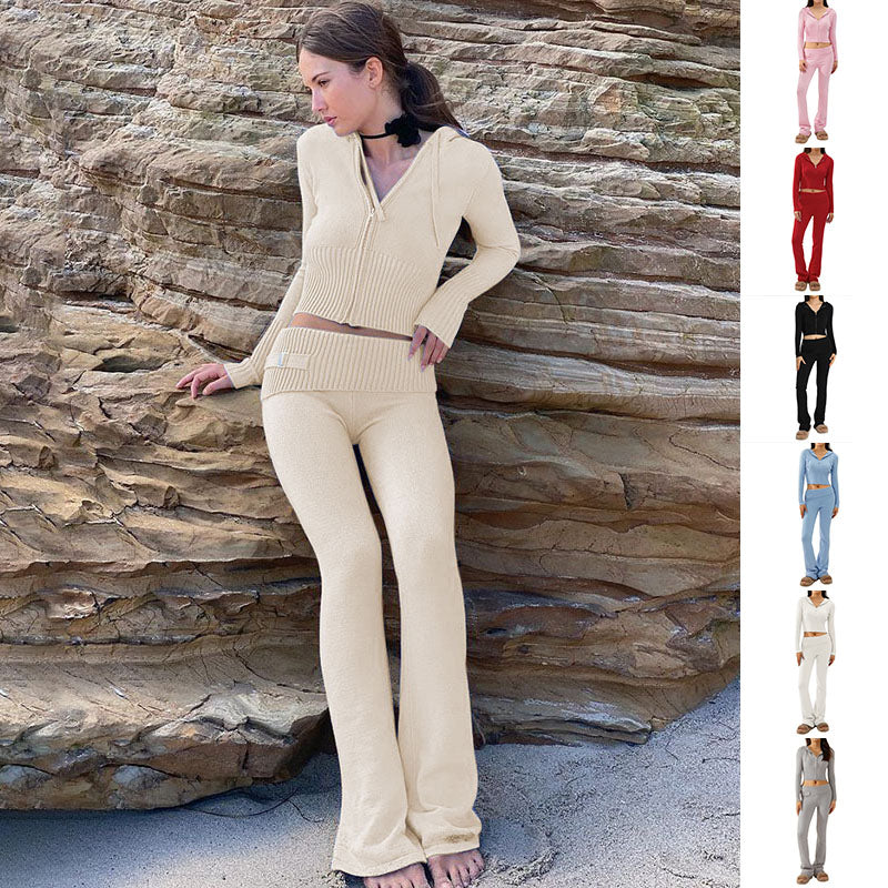 Women’s Knitted Hooded Two-Piece Set – Cardigan & High-Waisted Pants Suit