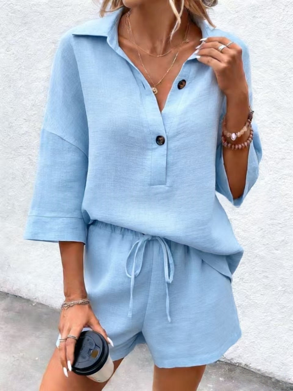 Notch-lapel Short-sleeve Belted Shorts Casual Set 