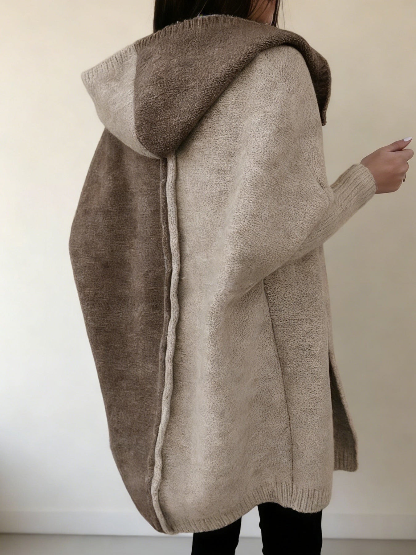 Women’s Color Block Hooded Knitted Cardigan – Plus Size Mid-Length Sweater Coat - FitiqueFit