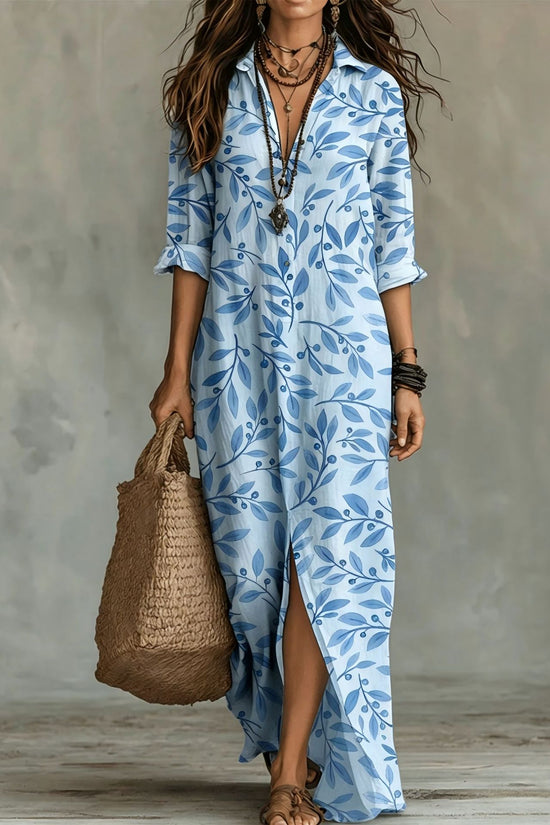Casual Lapel-Neck Long Digital-Print Womens Shirt Dress 
