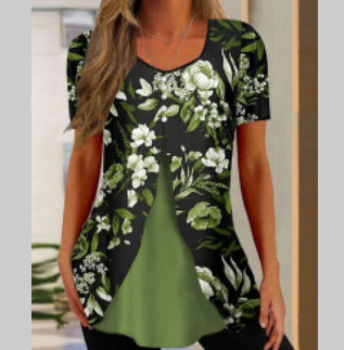 Summer New Short-sleeved Printed Fake Two-piece T-shirt V-neck Fashion Spike Top 
