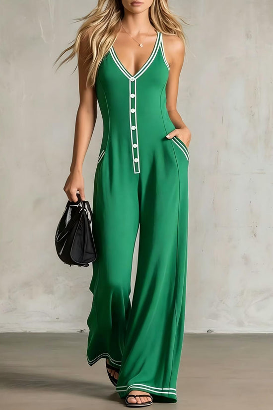 Womens V-Neck Casual Loose Backless Wide-Leg Jumpsuit 