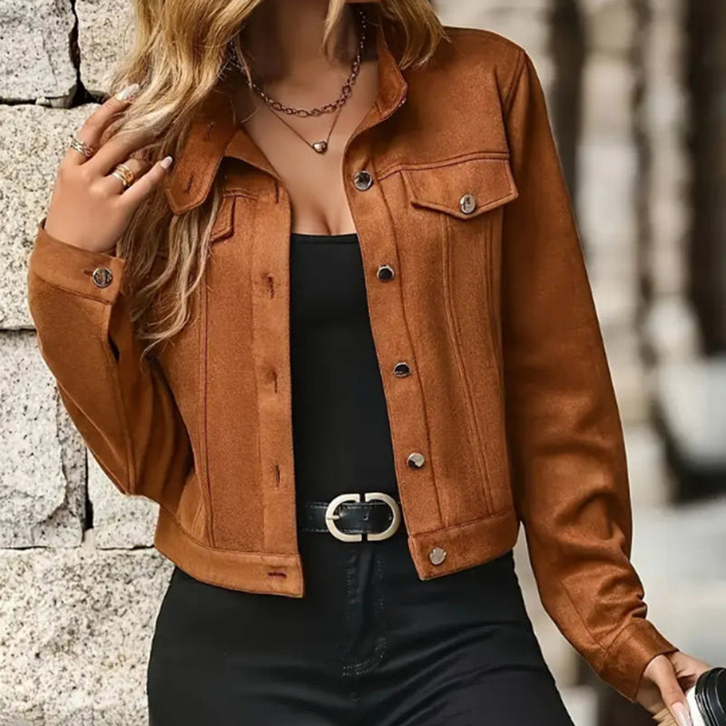 Women's Faux Suede Cropped Jacket, Vintage Stand Collar Short Coat Casual Button Up Fall Outwear CJ US