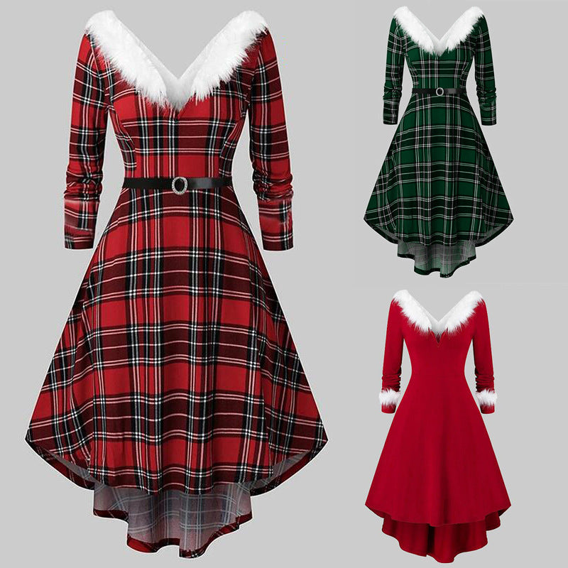 Christmas Women's Fur Patchwork V-neck Long Sleeved Dress CJ