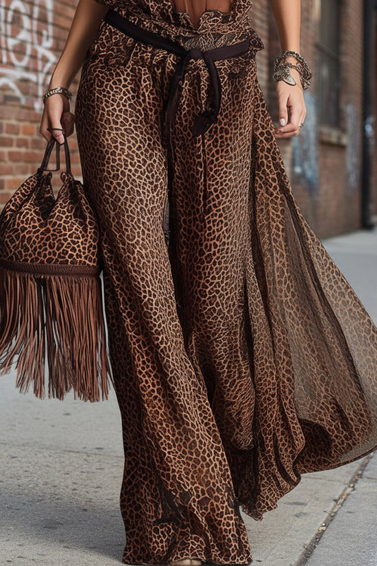 Leopard-print Sheer Wide-leg Pants Sleeveless Tank Top As A Base Layer 