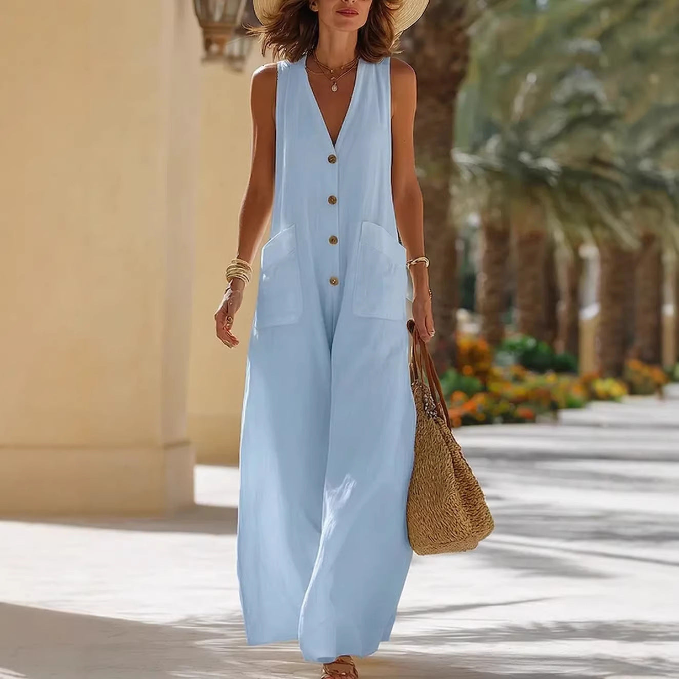 Simple And Comfortable Cotton-Linen Sleeveless Wide-Leg Jumpsuit With Button Pockets 