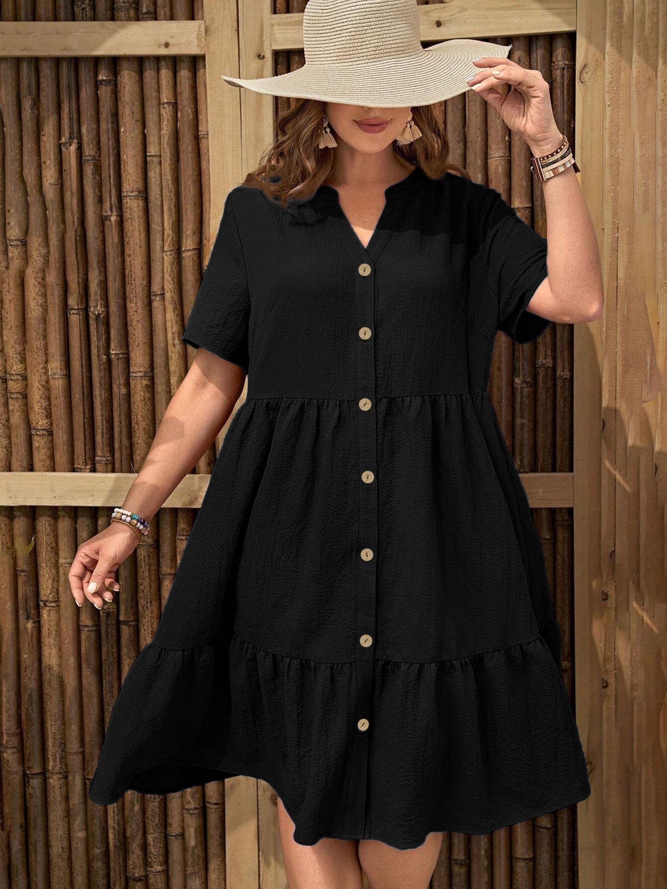 Plus-Size Button-Front V‑Neck Midi Dress CJ US
