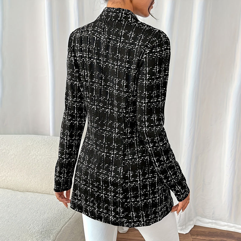 Elegant Women's Plaid Double-Breasted Blazer, Notch Lapel Long Sleeve Tweed Jacket For Office And Casual Wear 