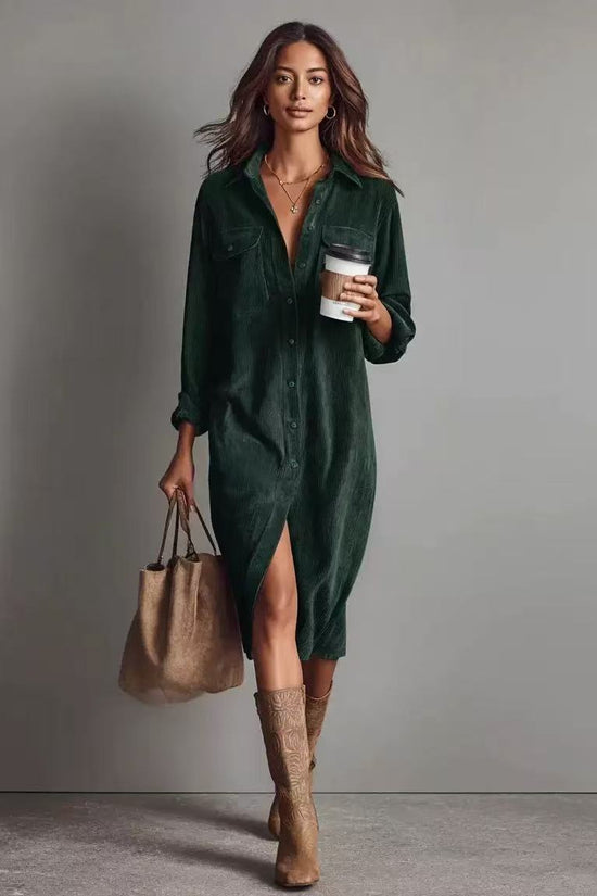 Classic Solid Color Corduroy Long Sleeve Turn-down Collar Shirt Loose Long Dress 