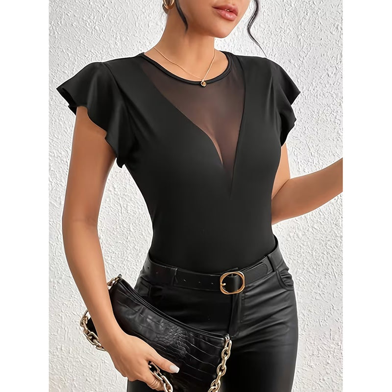 Women Summer Ruffle Tops Sexy Mesh Panel Short Sleeve Shirts Trendy Casual  Slim Fitted Tees Blouse 