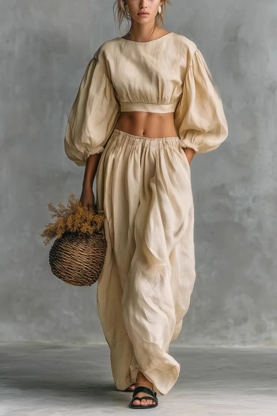 Crew-neck Puffed-sleeve Pocketed Pants Casual Womens Set 