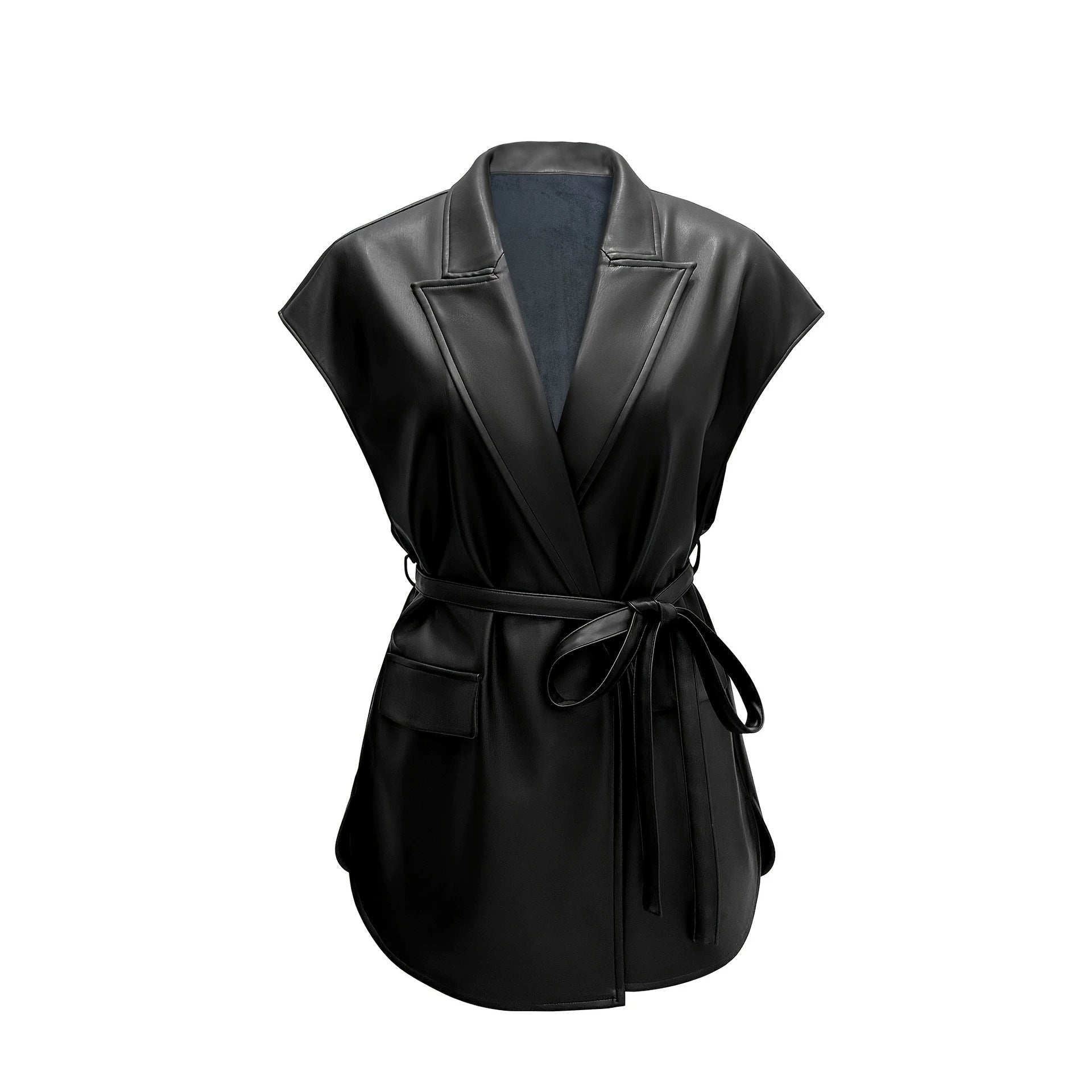 Sleeveless PU leather vest women's suit collar belt vest jacket 