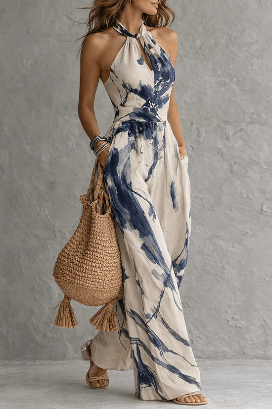 Ink printed wide leg pocket jumpsuit 