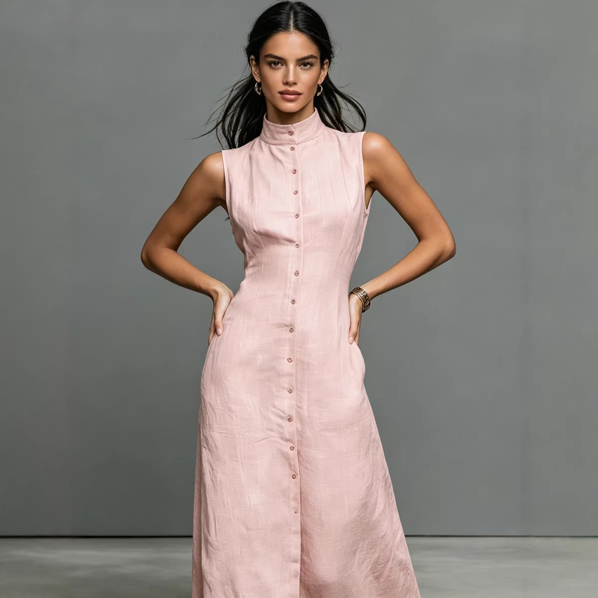 Blended Fabric Stand-up Collar Single-breasted Sleeveless Maxi Dress 