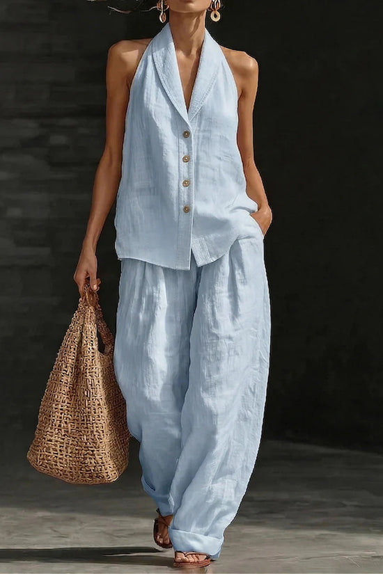 Wide-leg Pants Suit Womens Cotton-linen Fashionable Two-piece Set 