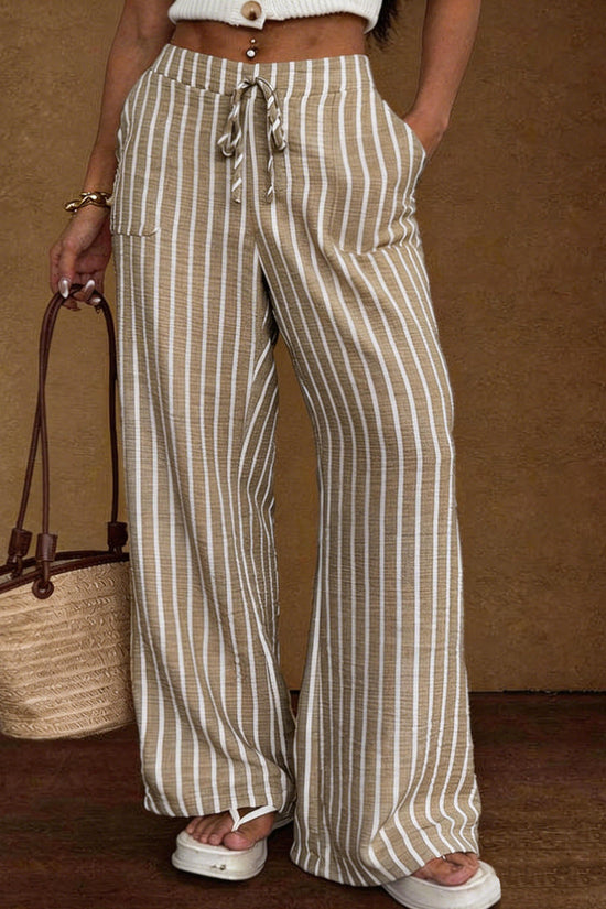Striped Loose Commuter Casual Lace-up Elastic-waist Wide-leg Trousers 