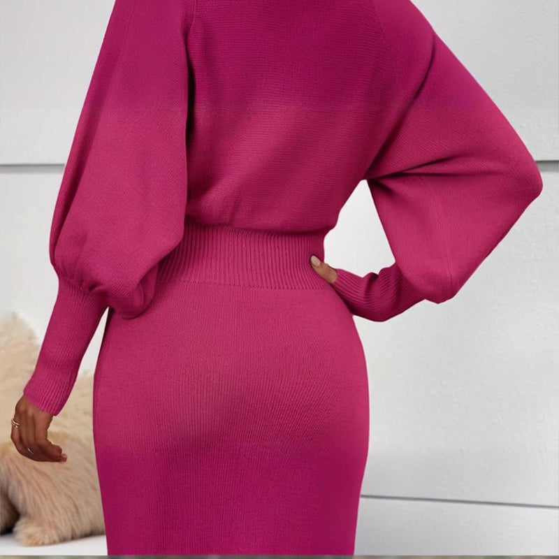Women's Solid Color Round Neck Lantern Sleeve Bodycon Dress - Elastic Waist Knee-Length Knit Dress CJ US