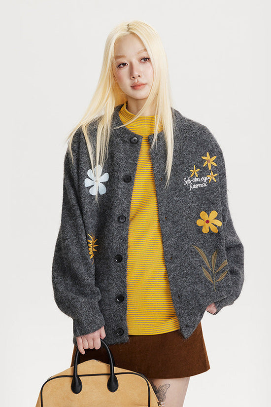 Retro Preppy Style Floral Embroidery Cardigan Sweater 