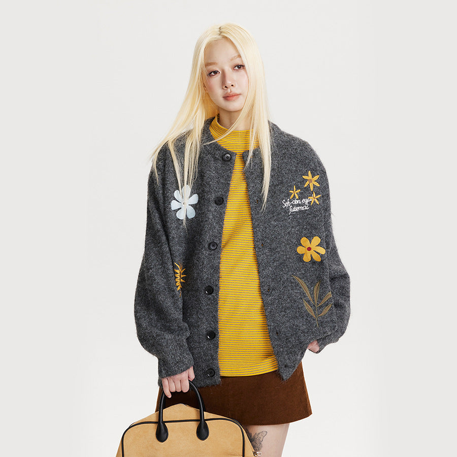 Retro Preppy Style Floral Embroidery Cardigan Sweater 