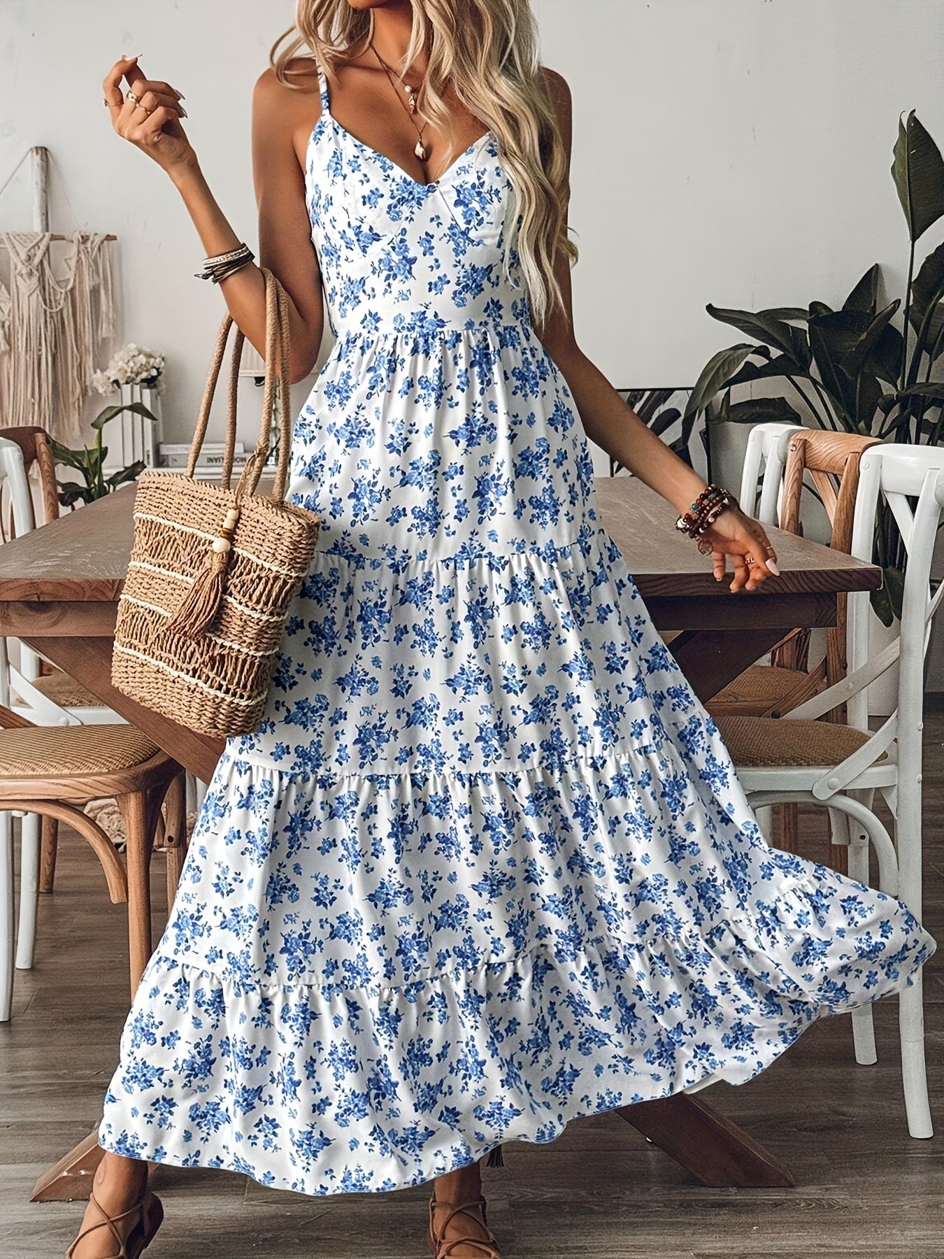 Women’s Floral Backless Maxi Dress – Strappy Dress with Bow & Flowy Skirt CJ US