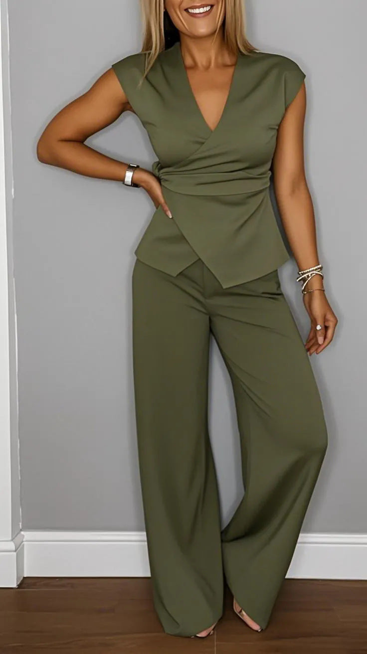 Solid-color Pleated Short-sleeve Pantsuit With Metal Buckles For Women 