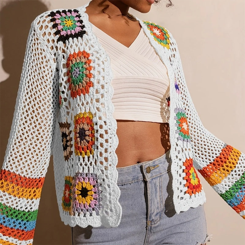 Women's Elegant Crochet Cardigan - Long Sleeve Open Front Vibrant Color Block Coat CJ