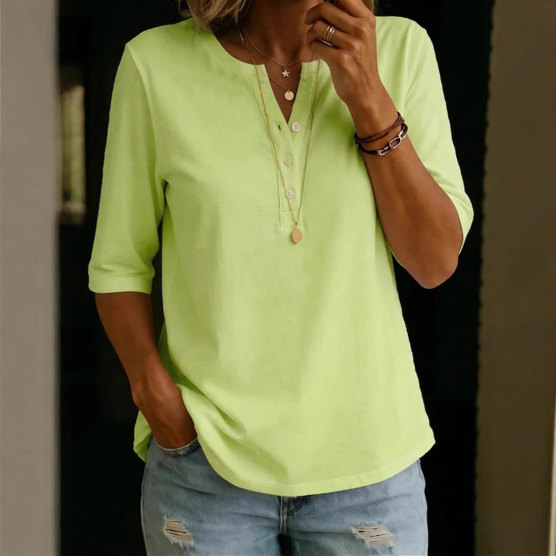 Classic Henley Neck Style Spring Summer New Women's Solid Color Button-Up Top 