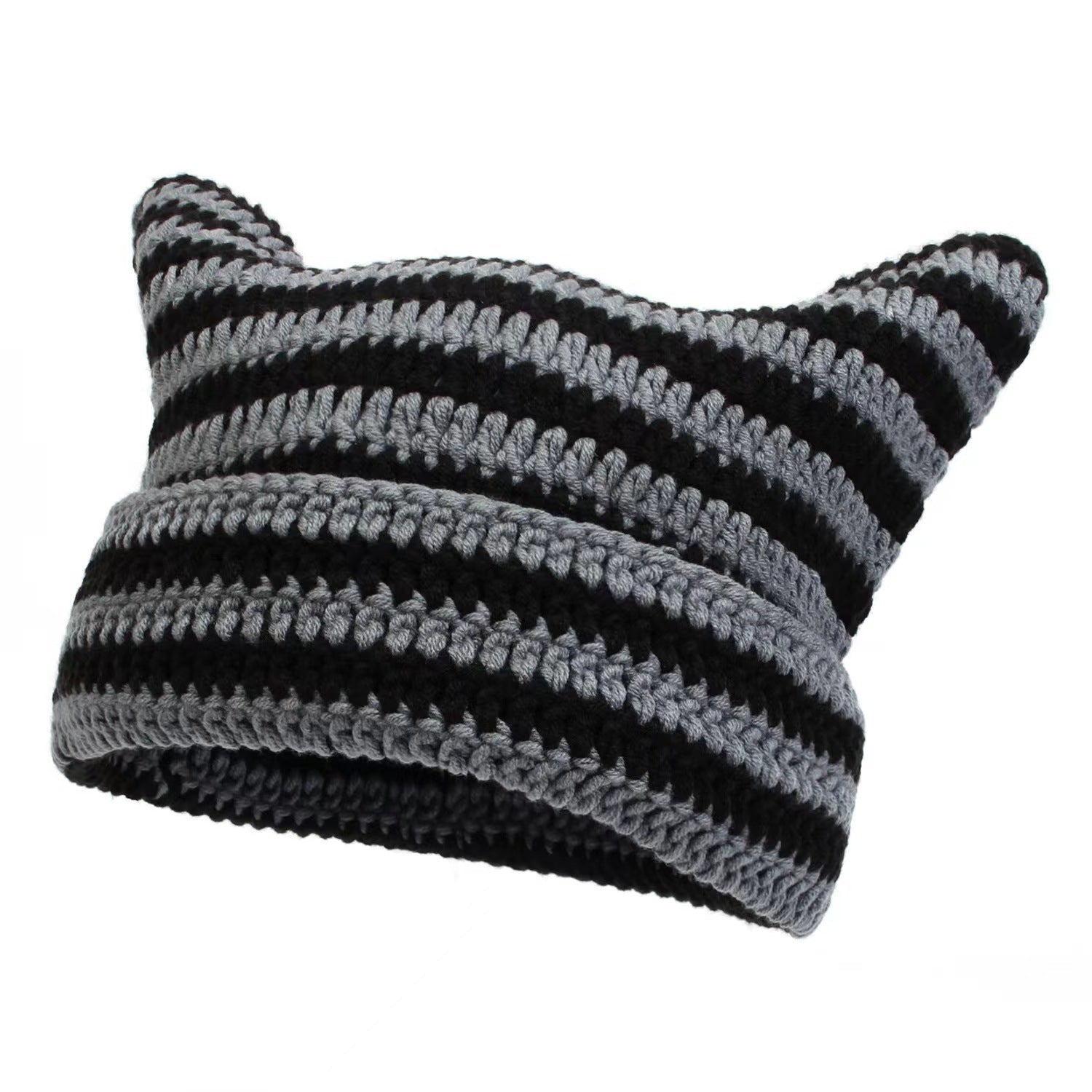 Women’s Hand Knitted Striped Cat Hat – Cute Warm Winter Beanie - FitiqueFit