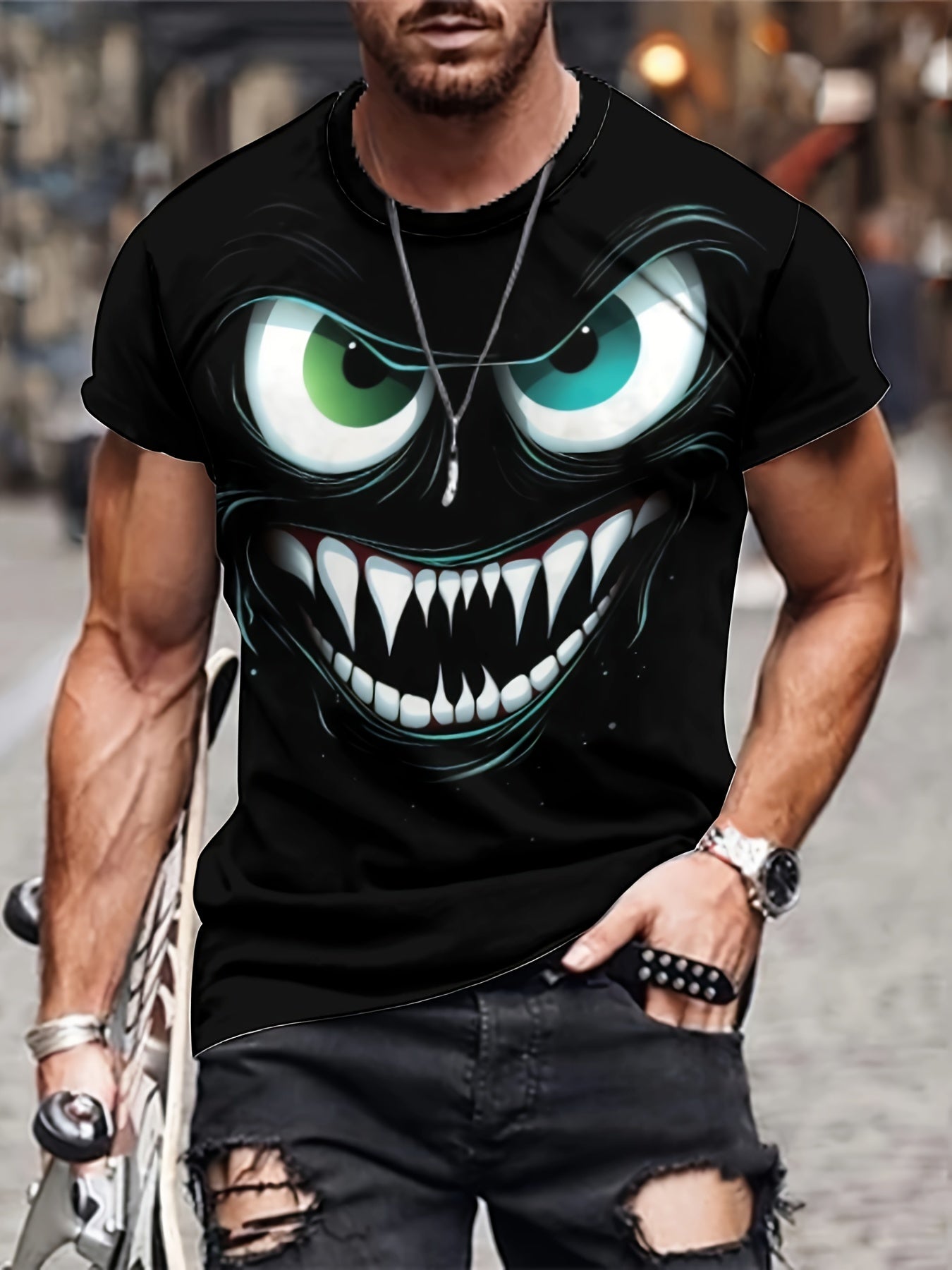 Men's Novel 3D Evil Smiling Face Printed T-shirt, Casual And Fashionable T-shirt, Street Style Short Sleeved Round Neck Shirt CJ US