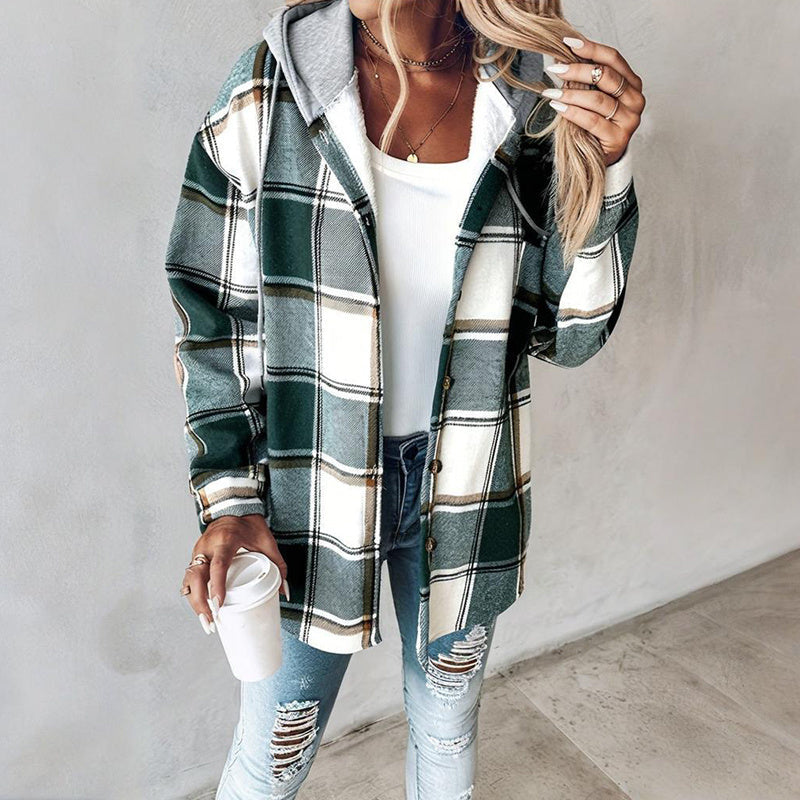 Women's Plaid Hoodie Long Sleeve Jacket Button Drawstring Casual Fall Shirts Shacket With Pocket CJ US