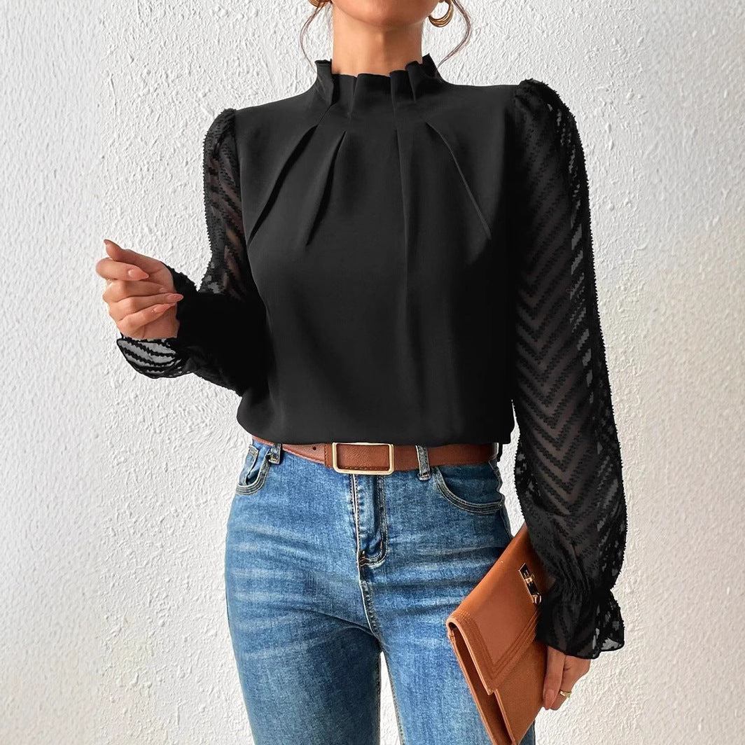 Autumn Winter New Women's High Neck Spliced Wave Pattern Chiffon Long Sleeve Top 