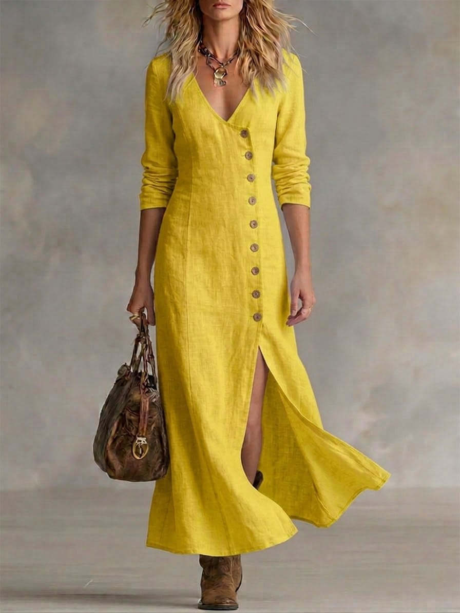 Fashionable Casual Cotton-Linen Long-Sleeve Womens Dress 