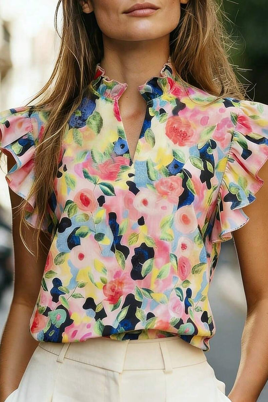 Women's Retro Ruffle-Trimmed Printed Sleeveless Shirt 