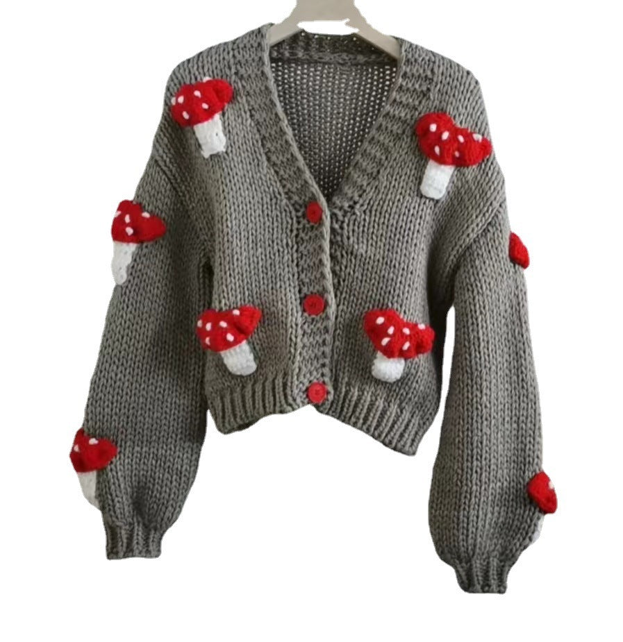Loose Sweet Tridimensional Mushroom Crochet Short Sweater Cardigan CJ