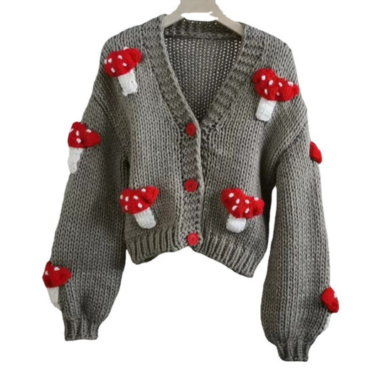 Loose Sweet Tridimensional Mushroom Crochet Short Sweater Cardigan CJ
