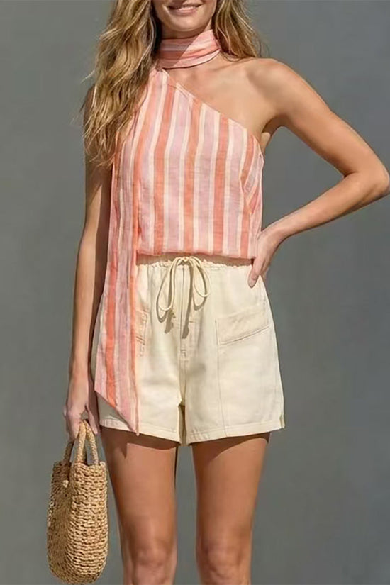 Single shoulder striped printed top Bohemian casual 