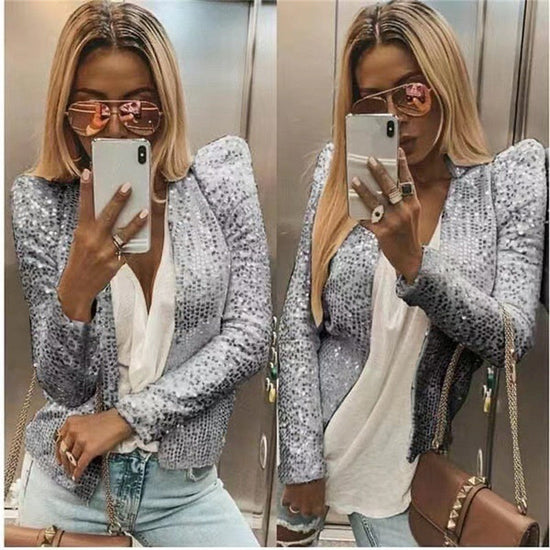 Women's Fashion Colorblock Sequin Short Casual Jacket 